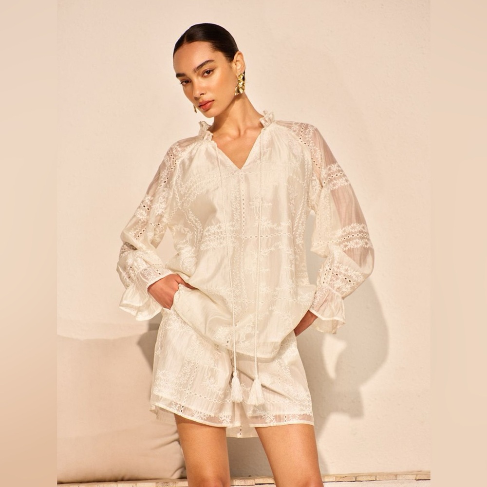 COMMENSE Embroidered Long Sleeve Shorts Set White Sz Small